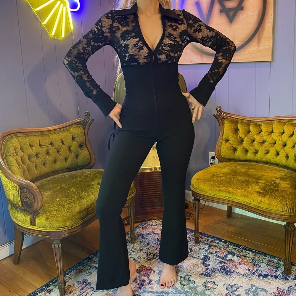 Vintage Y2K Bebe Catwomen Long Sleeved Lace Top Jumpsuit Size XS